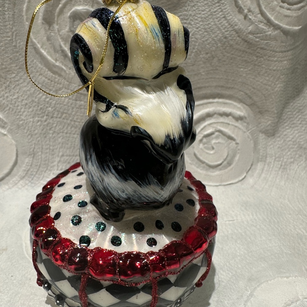 MacKenzie-Childs Glass Black and White Skunk Ornament with Red Accents - Picture 5 of 7